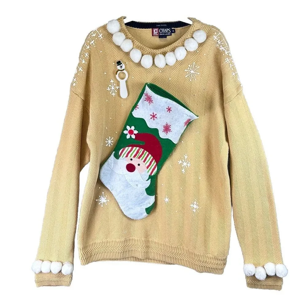 Vintage Hand Framed Ralph Lauren Chaps XL Ugly Christmas Cable Knit Sweater Sock